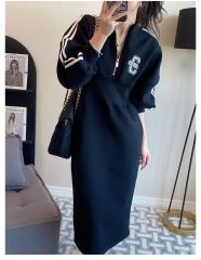 Autumn new style sports wind close waist show thin temperament hoodie dress female design feeling after opening the fork in the long skirt