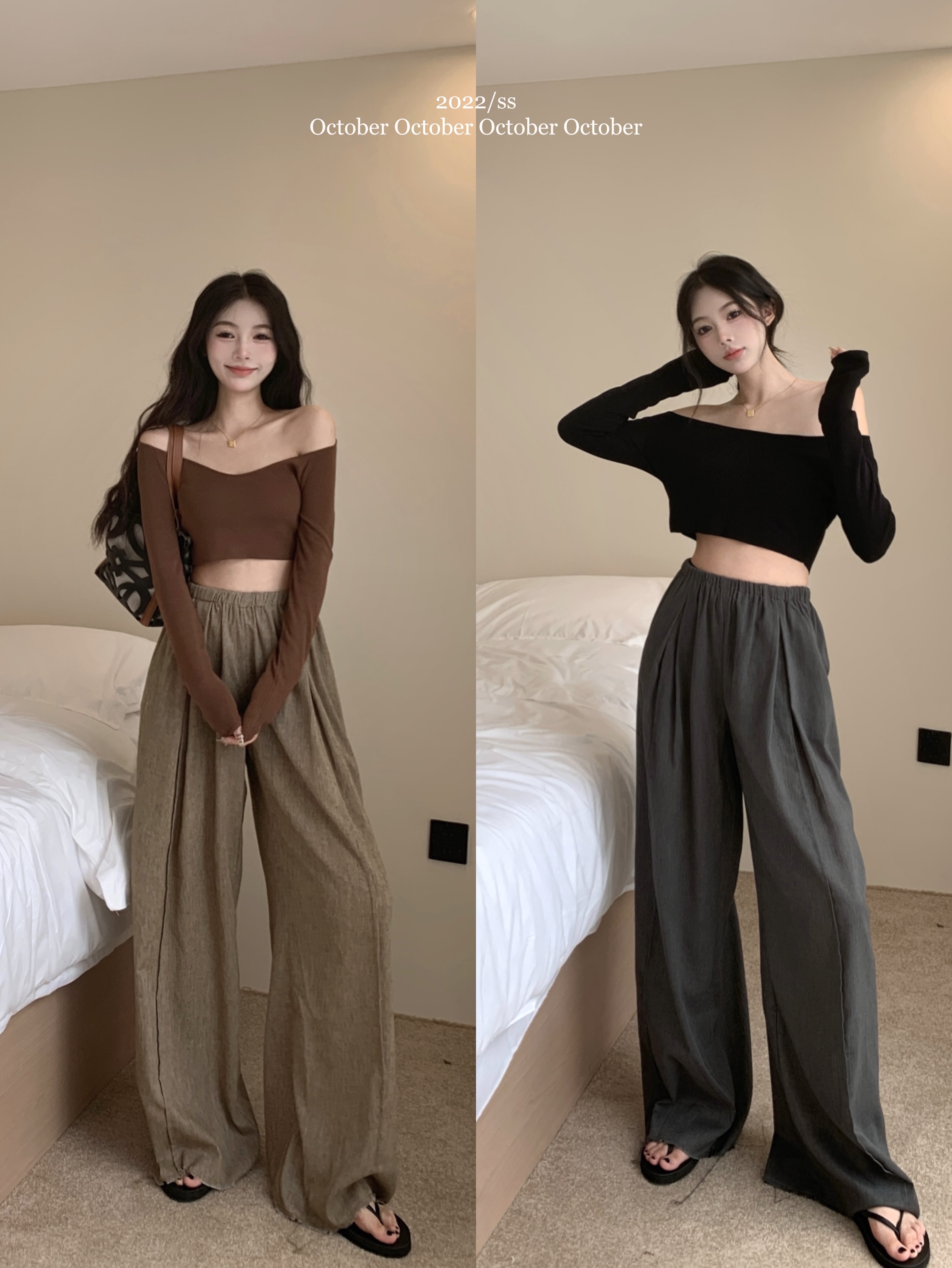 Real price elegant swan neck off shoulder knitted thin top + lazy high waist linen wide leg casual pants