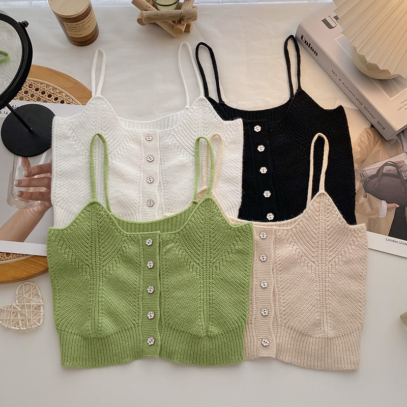2022 New Early Autumn Women's Dress Korean Versatile Small Strap Vest Wearing Short Knitted Bra Top