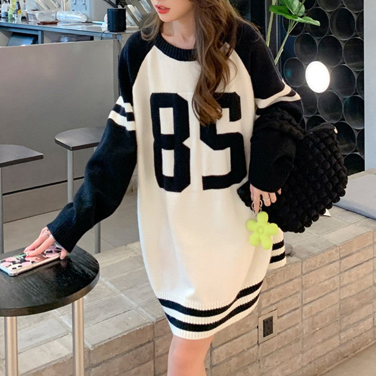 South Korea Dongdaemun hit color letter sweater women's 2022 autumn and winter new loose round neck lazy wind knitted top