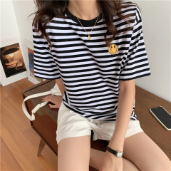 Real shot 6535 cotton summer Korean loose black and white stripe smiley print half sleeve short sleeve T-shirt