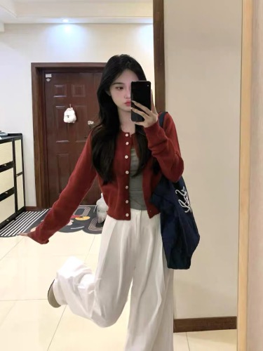French red short knit cardigan for women, early autumn soft and fluffy long-sleeved sweater coat, loose inner layer base top shirt