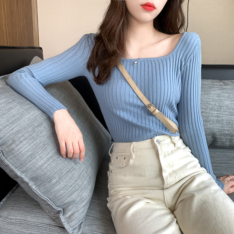 Square neck sweater women's pullover 2022 autumn and winter new Korean version slim fit top knitted solid color long-sleeved tight-fitting bottoming shirt