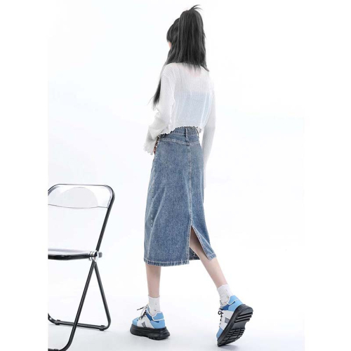 Korean version of college style 2023 new summer mid-length denim skirt female slim high waist simple a-line bag hip skirt
