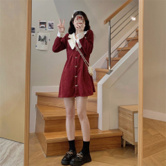 Autumn and winter 2022 new Hepburn Wind doll collar Christmas red, thin fashion long -sleeved dress women's skirt