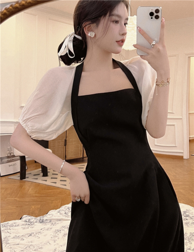 French retro small fragrance style high-end thin long skirt niche design temperament black square collar dress female summer