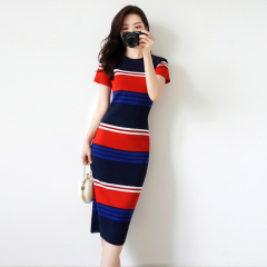 Knitted dress 2022 summer new style gas stripe slim fit Medium Length Stretch Skirt bottomed skirt women's wear