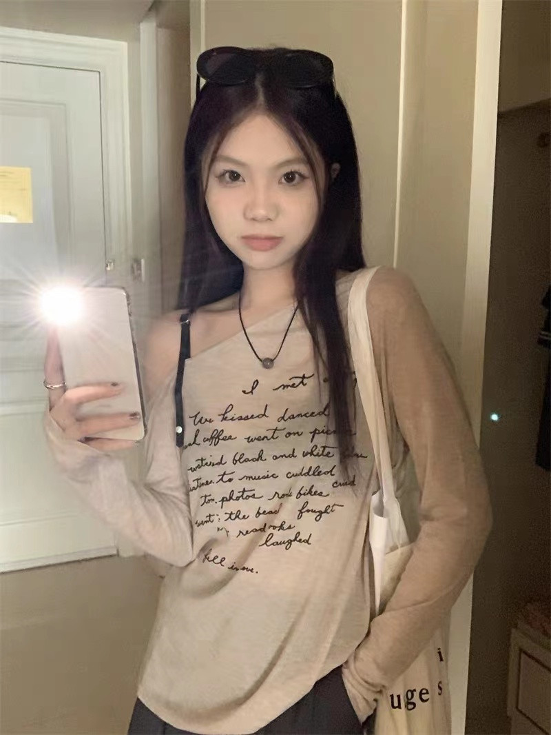 Hot sunscreen off shoulder suspender long sleeve T-shirt women's summer thin letter loose sunscreen blouse bottomed Blouse Top
