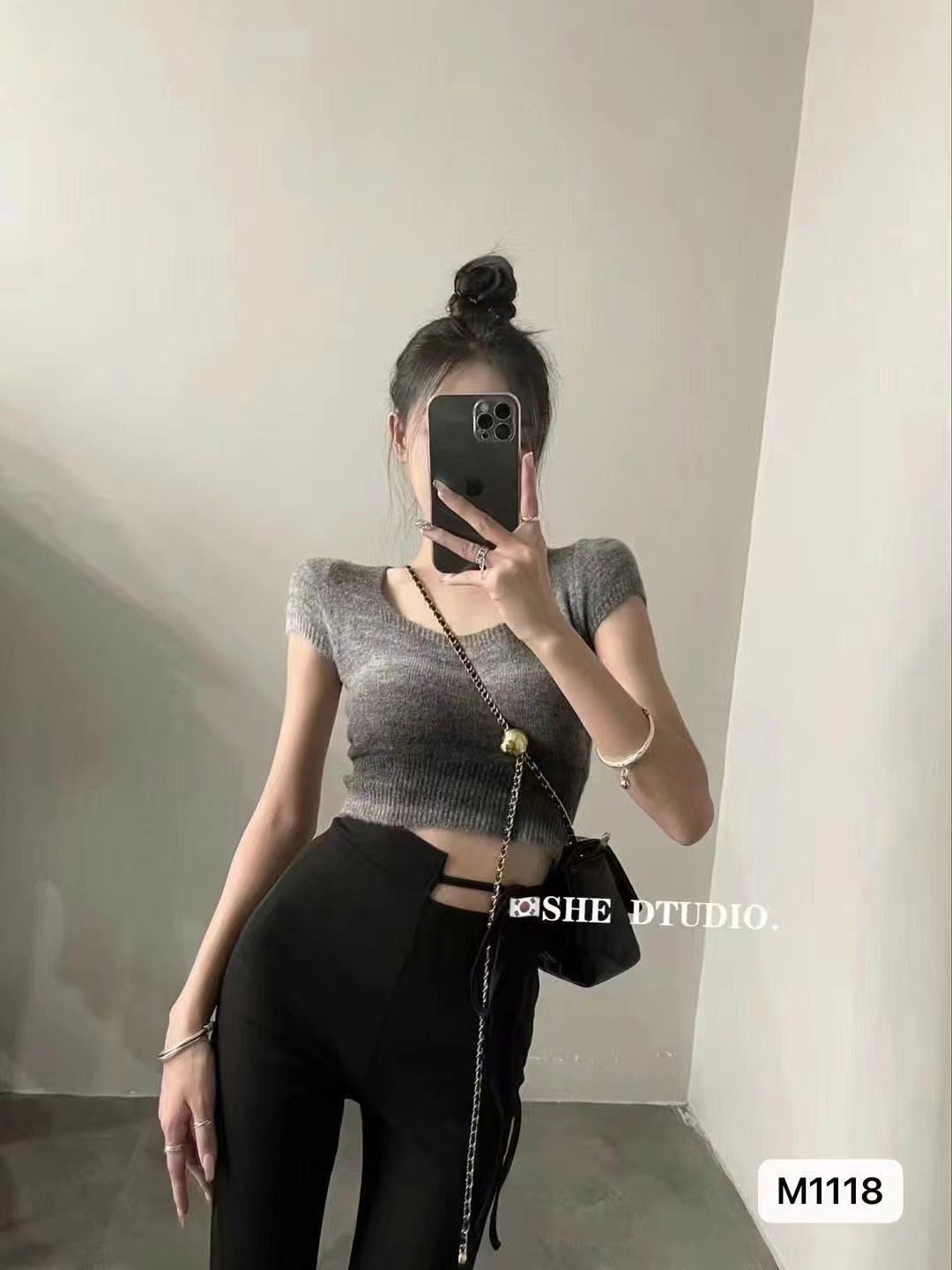 2023 summer new square collar gradient tie-dye high waist short-sleeved top women