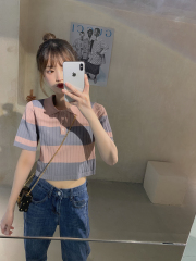 Black and white stripe splicing Short Sleeve Shirt Short open navel collar T-shirt women's summer