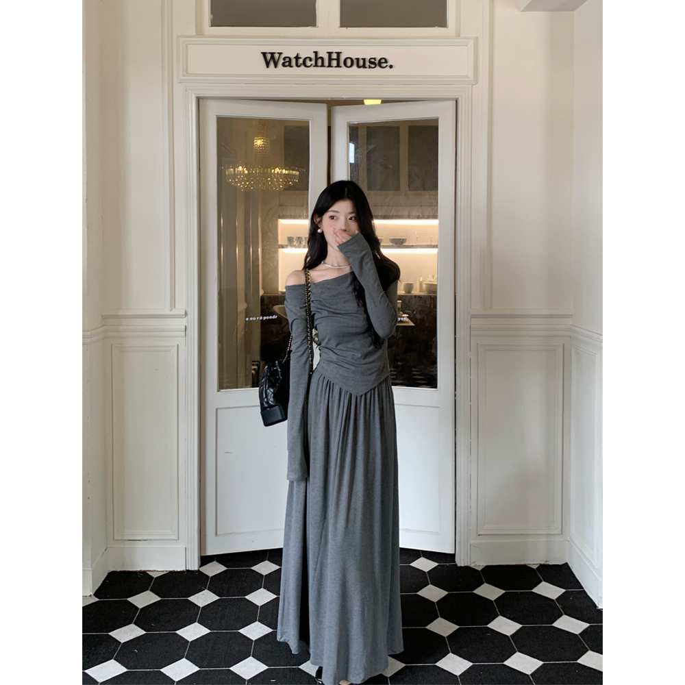 Fall Season One-Shoulder Asymmetrical Design Sloping Shoulder Long-Sleeve Top and High-Waisted Flowy Skirt Set for Women