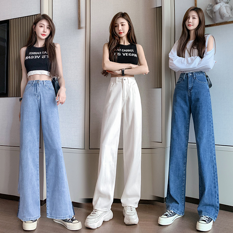 Real shot shows thin and fashionable temperament floor dragging jeans women's straight tube loose net red broad leg star same style atmospheric light blue