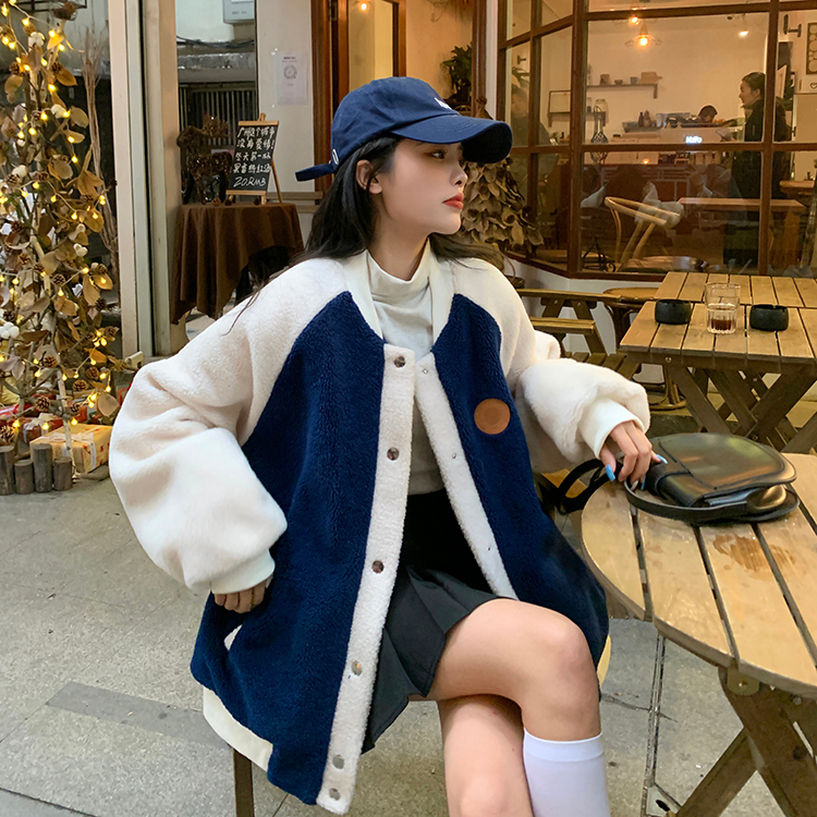 2022 new imitation lamb wool baseball uniform American style plus cotton stitching plush short jacket
