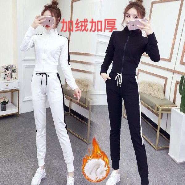 Casual suit women's autumn winter Korean nightclub sexy zipper color matching top high waist small feet sports pants fashion two pieces