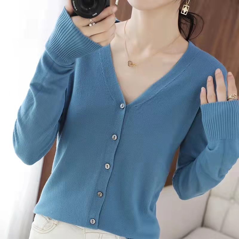 Autumn and winter new wool cardigan V-neck women's versatile long sleeve loose sweater knitted coat