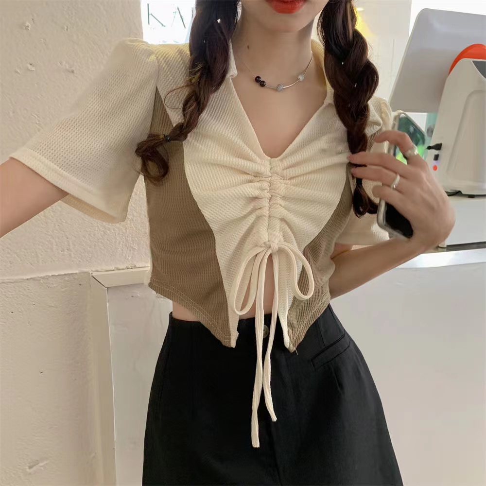 Summer 2023 new French design niche tops with contrasting color drawstrings slimming T-shirts for small people