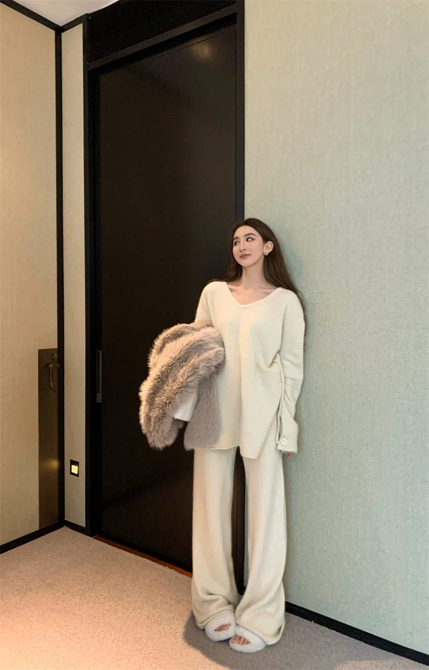 Real shot Nett Korean style lazy loose knitted sweater suit