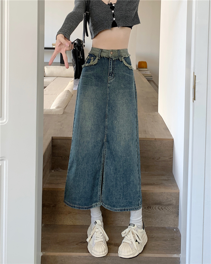 Actual shot and real price~New high-waisted slimming and versatile design raw edge slit A-line denim skirt for women