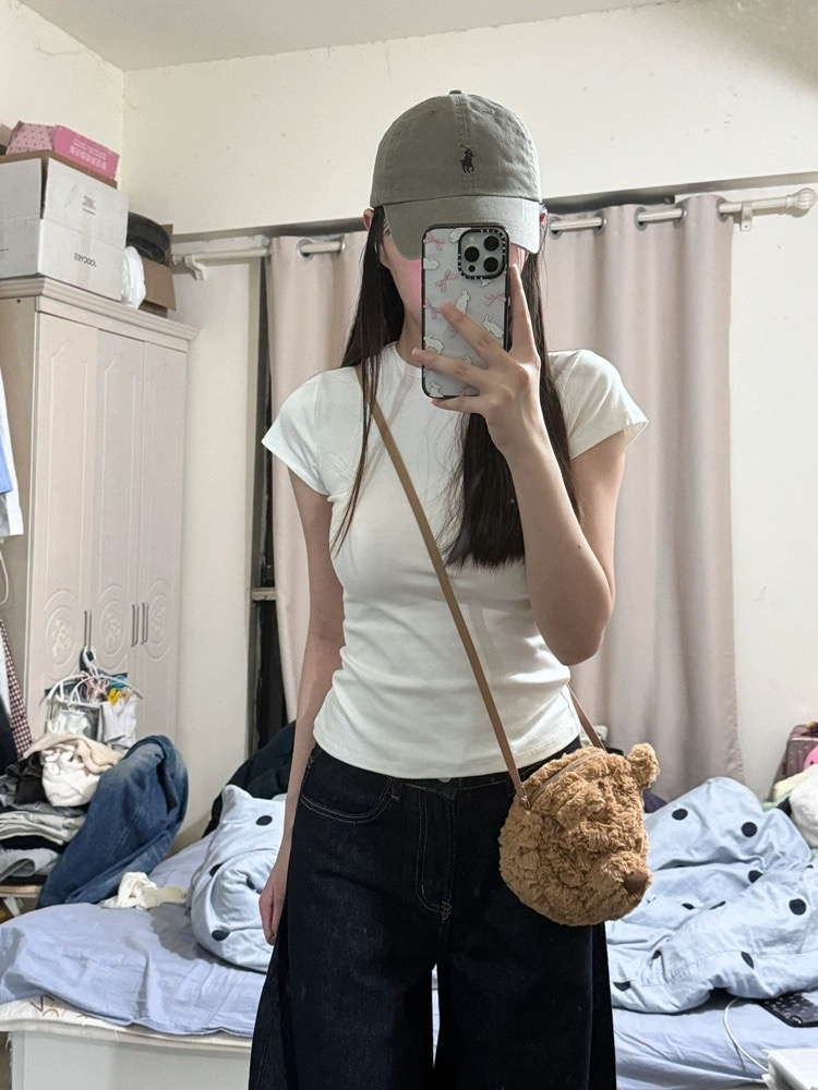 Shipped t-shirt white slim fit top pure cotton half-sleeve 2024 new tight summer