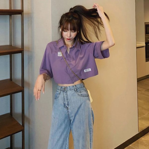 Short purple shirt for women's design: Summer loose French style unique retro Hong Kong style open navel short sleeve top