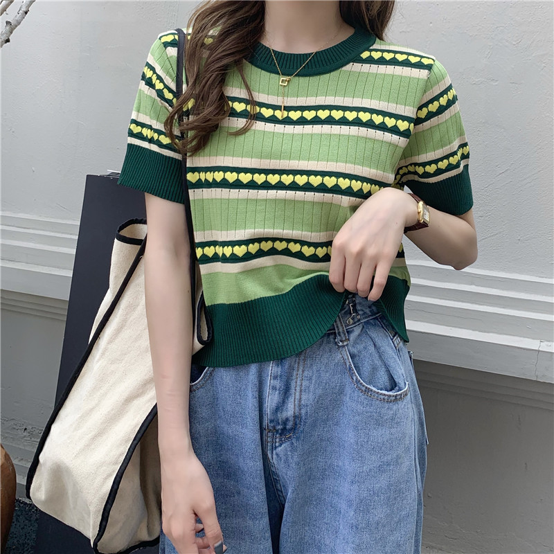 Contrast color round neck short sleeve sweater thin women's summer 2022 new Korean loose and versatile short bottomed top