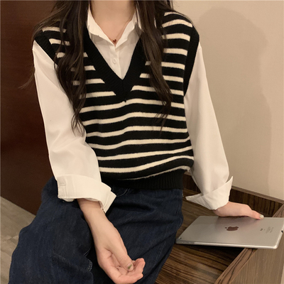 Spring and Autumn New Gentle Lazy Wind V-neck Striped Knit Vest Vest Women's Outer Loose Versatile Sweater Vest