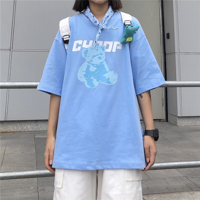 Korean version of Harajuku bear print summer loose round neck Blue Short Sleeve Top