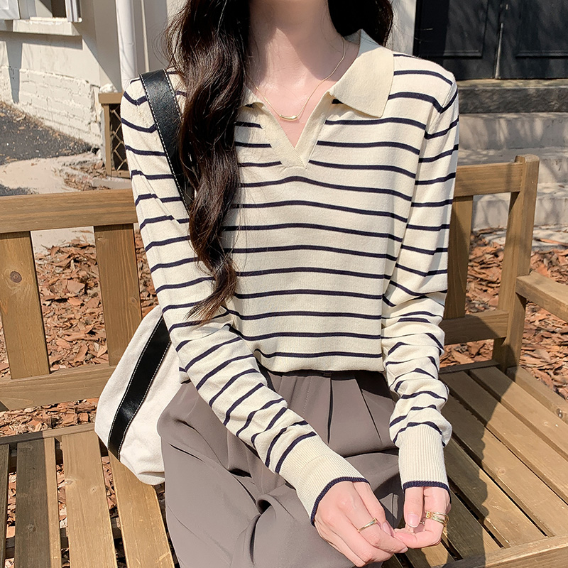 Real shot collar striped knitted sweater long-sleeved shirt women's year top bottoming shirt spring and autumn thin top