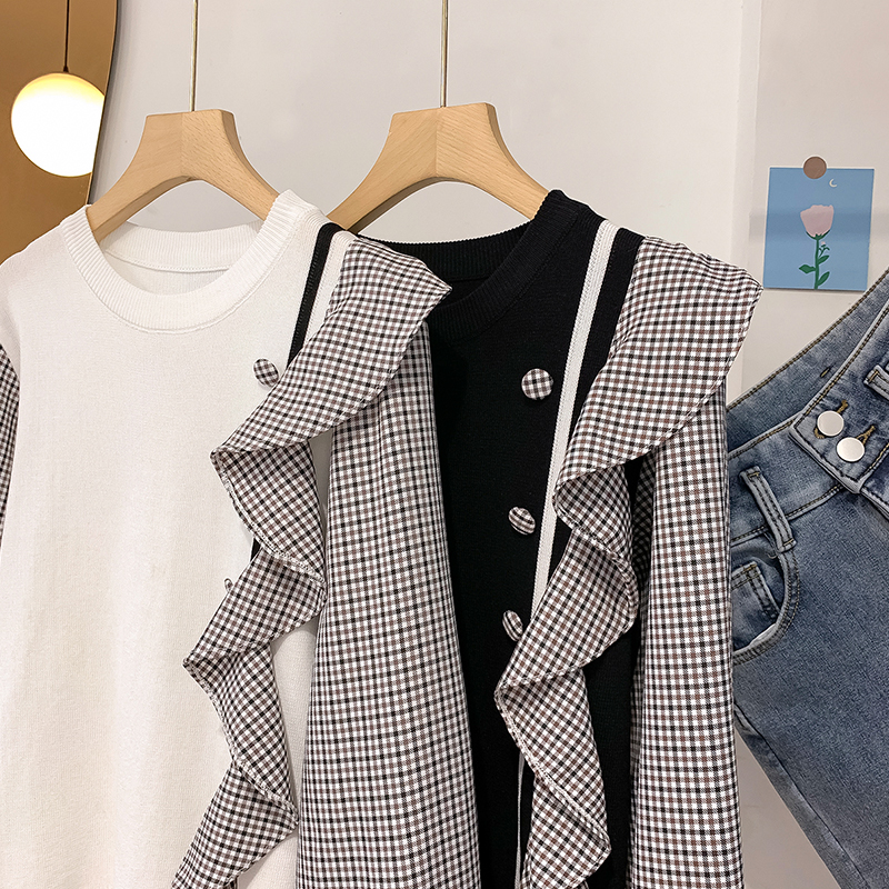 Korean fake two-piece sweater women's loose outer Ruffle Top foreign style retro Plaid long sleeve thin bottomed shirt