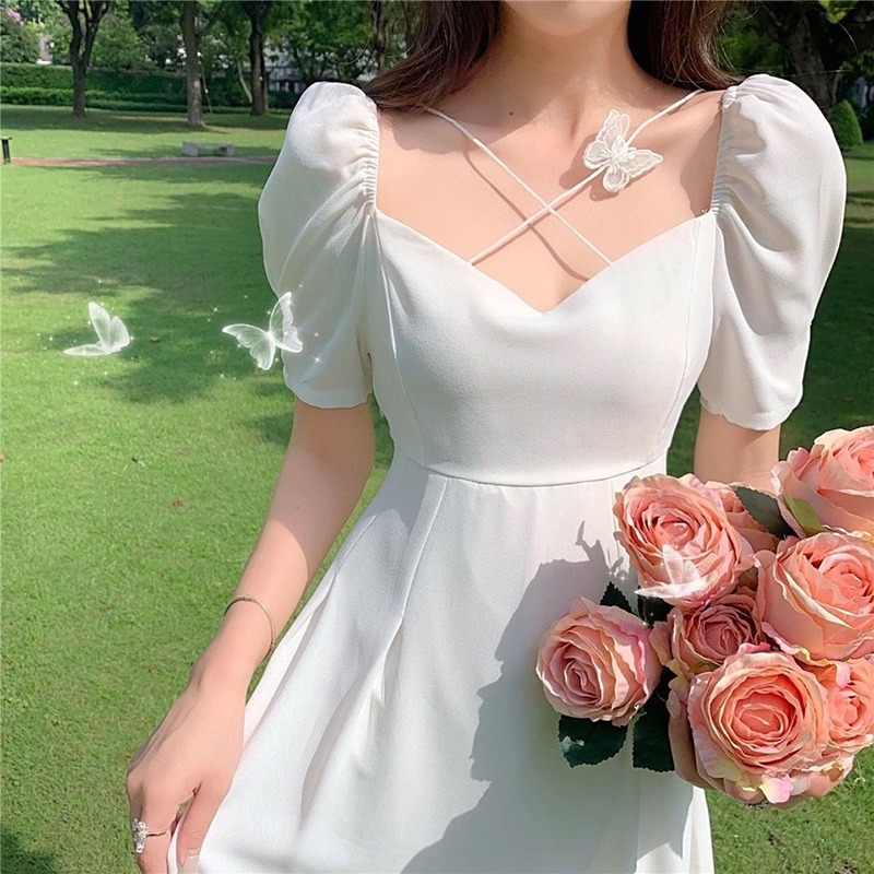 French square neck white first love skirt 2022 summer new vintage super fairy bubble sleeve gas long dress