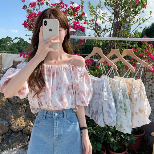 Chiffon shirt women's summer new short-sleeved top women's floral very fairy age-reducing loose one-shoulder