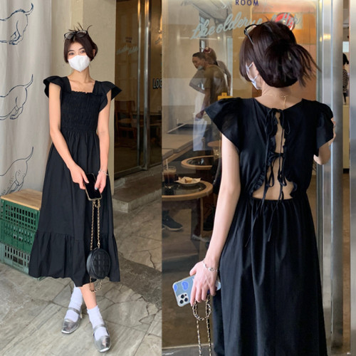 Real shooting and real price new Korean French high sense square neck small fly sleeve careful machine backless loose rubber band waist dress