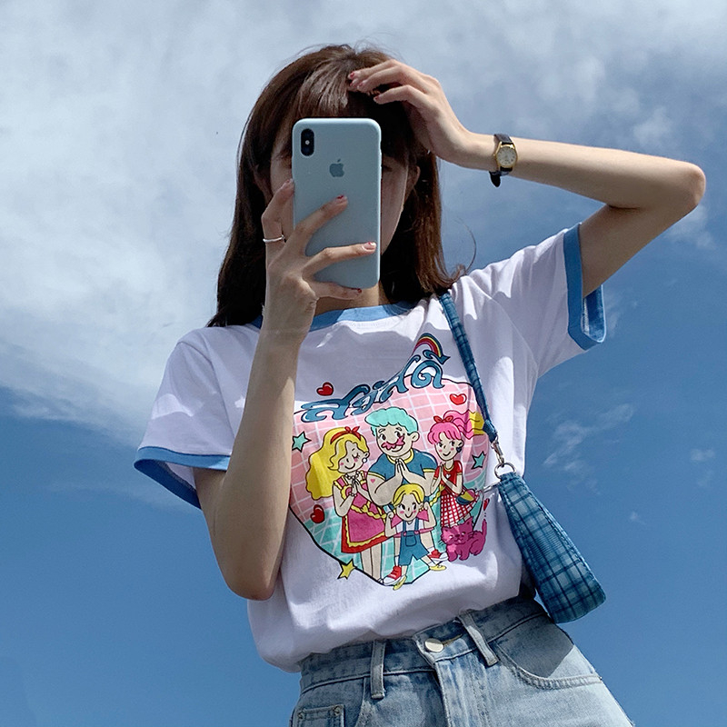 6535 cotton summer loose round neck top new short-sleeved t-shirt female printing