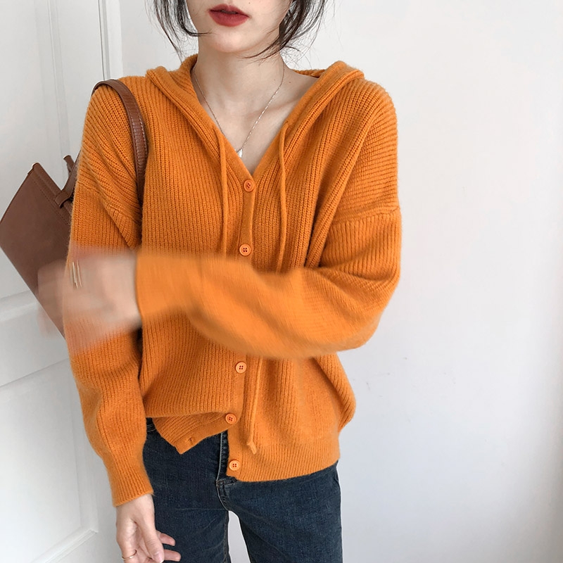 Korean hooded casual single breasted sweater coat women's new solid color loose versatile thick knitted spring cardigan