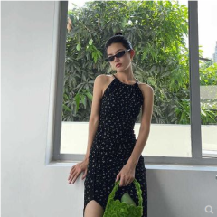 French Sexy Halter Neck Suspender Dress 2023 Summer New Style Slit Black Floral Dress for Women