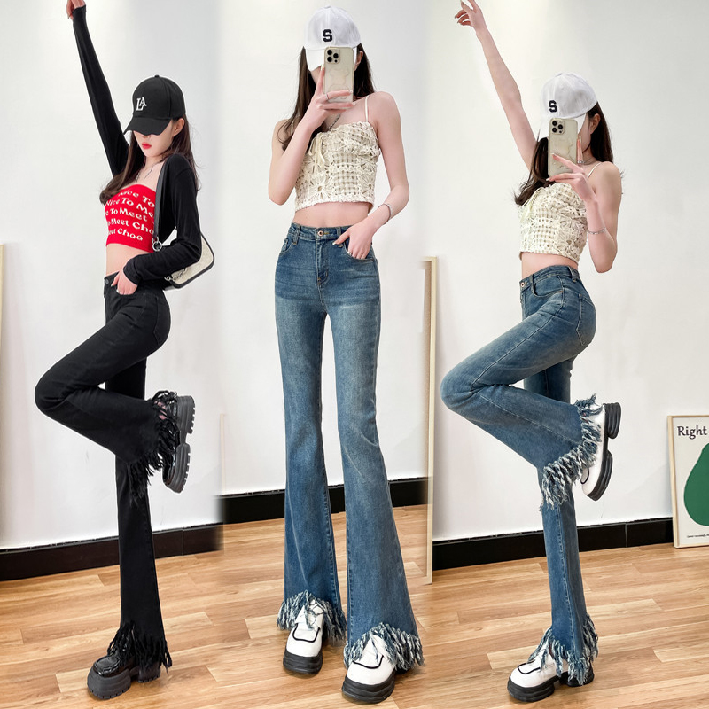 High-quality high-waisted fringed flared trousers women's high-waisted skinny flared denim cropped & trousers & lengthened