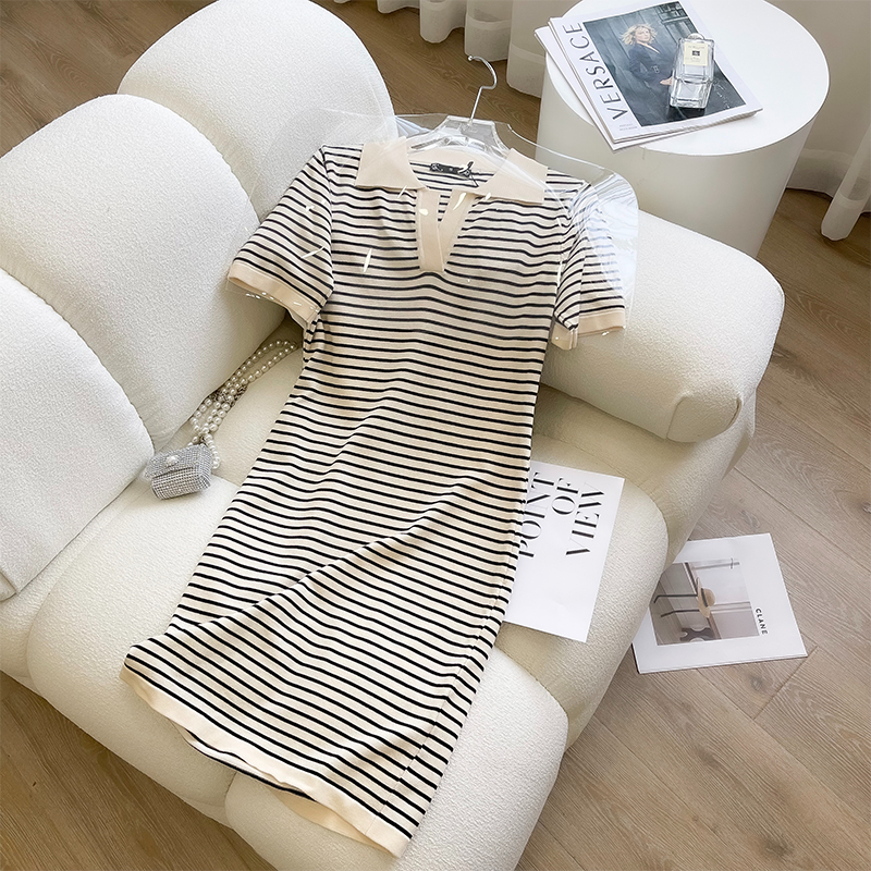 Small fragrance summer women's dress slim slim Polo neck short sleeve Knitted Dress Ice stripe straight tube T-shirt skirt