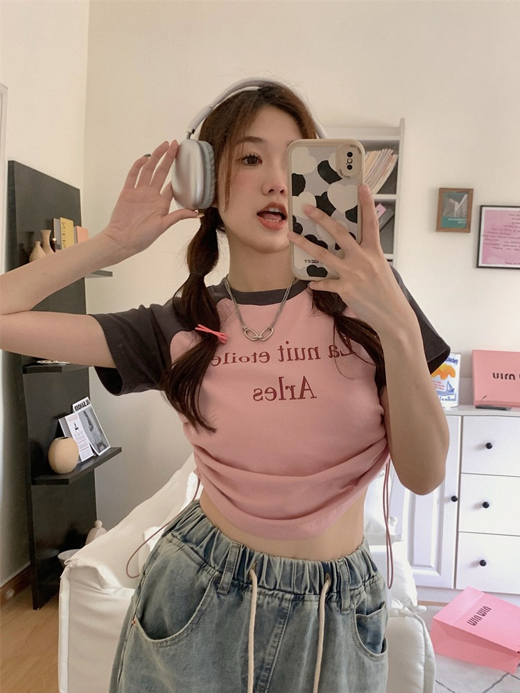 American retro contrast color slim bottoming short-sleeved T-shirt female summer hot girl design sense niche inner drawstring top