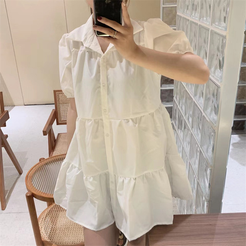 Real shot French sweet bubble sleeve shirt dress summer Korean version loose little Mori department first love baby dress
