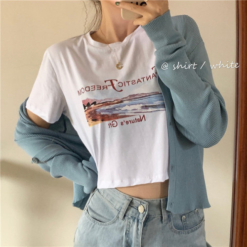 The new summer Korean version of the *** wind carefully machine exposed navel short top with short-sleeved T-shirt women's clothing ins tide
