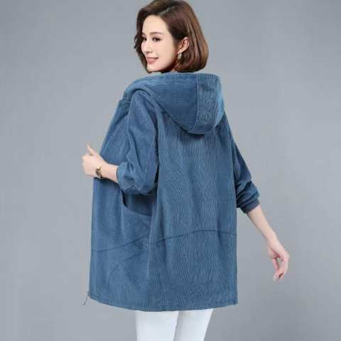 Corduroy jacket women's spring and autumn 2022 autumn and winter new middle-aged mother large size striped velvet mid-length windbreaker