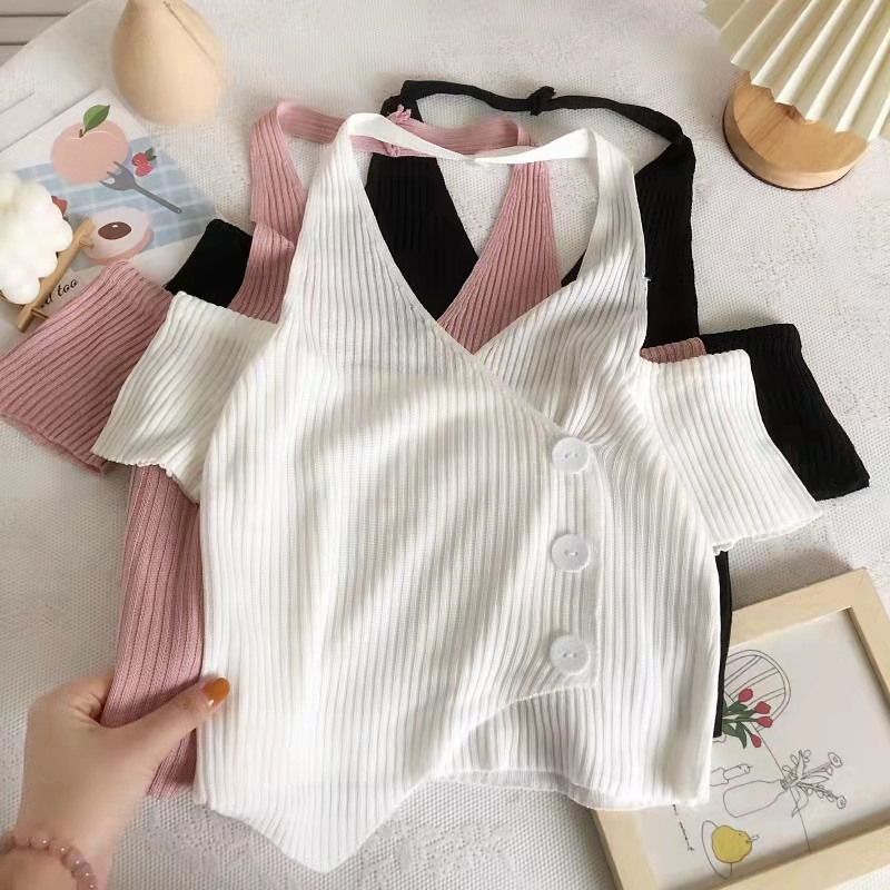 New V-neck off shoulder short sleeve bottomed shirt women's summer chic sexy pure desire wind hanging neck short Knitted Top Women
