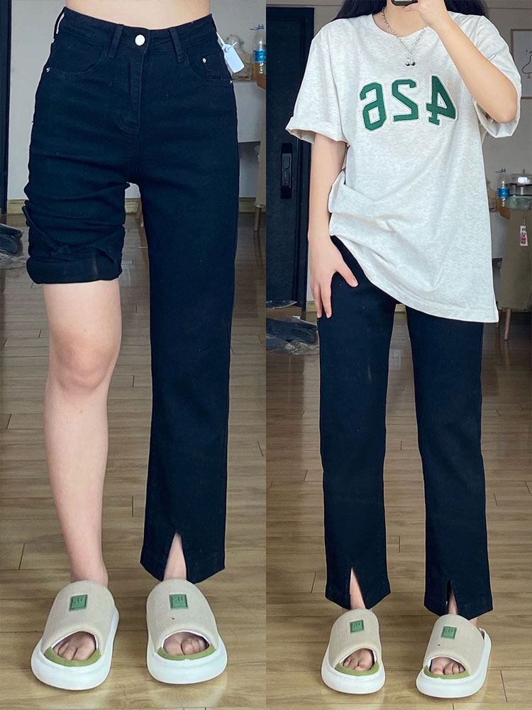 Small legged thick pants women's autumn and winter new large size not showing crotch width black elastic split denim nine-point pants tide