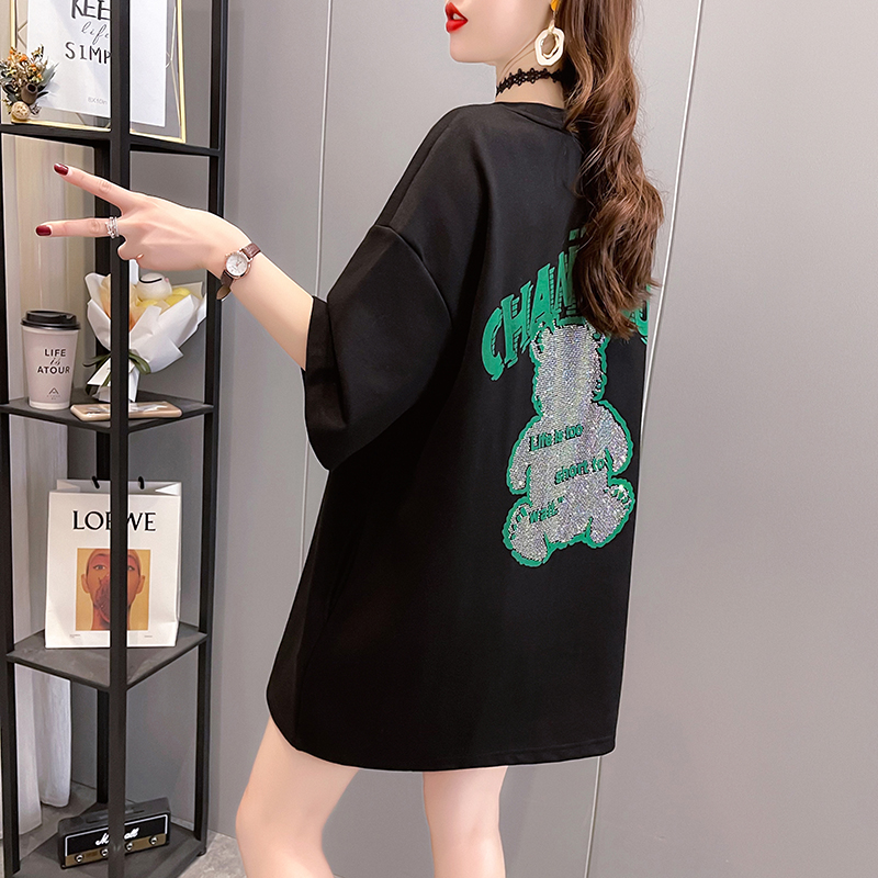 Real time cartoon hot drill loose fitting short sleeve T-shirt women's fashion 2021 new summer top Korean version bottom coat