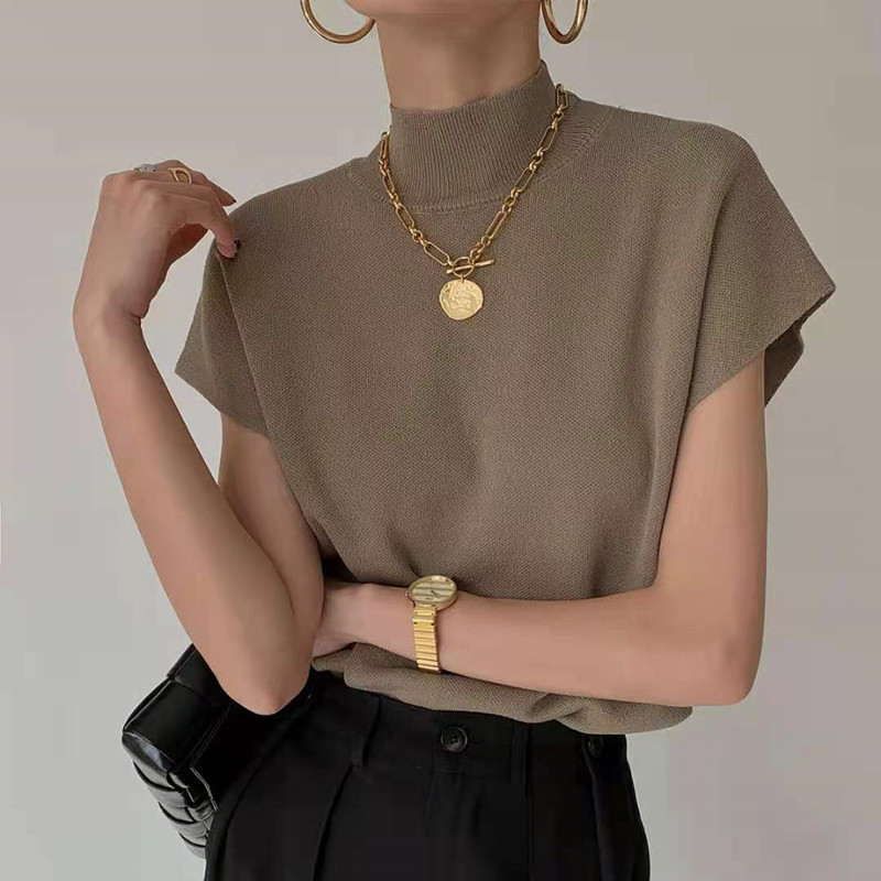 Paperlll half high neck waistcoat knitted vest women's T-shirt loose 2022 new short sleeved summer top