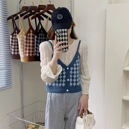 Plaid sleeveless vest 2022 Korean version of the new v-neck single-breasted contrast color knitted vest sweater women