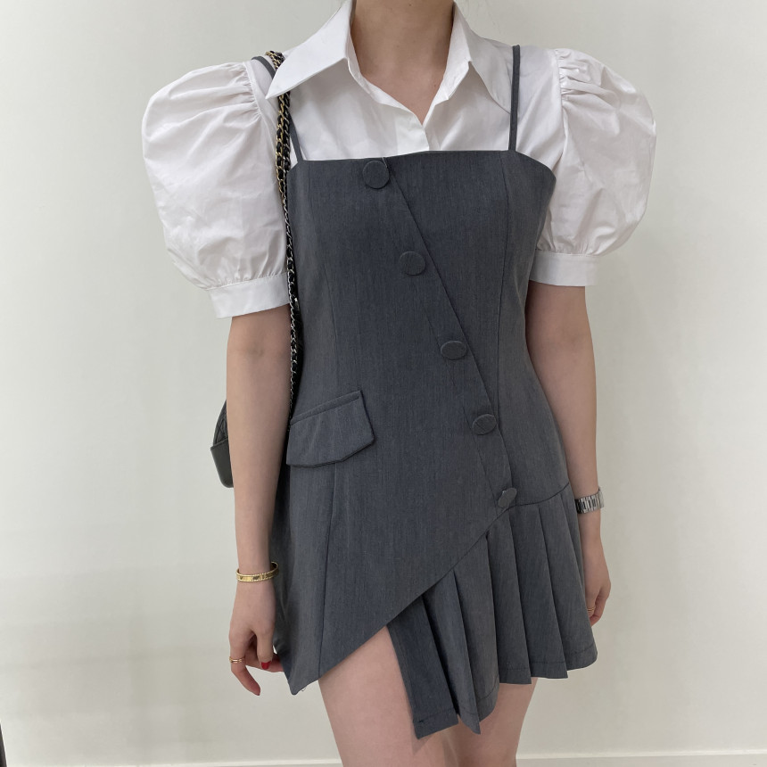 South Korea chic summer bubble short sleeve shirt design irregular pleated skirt
