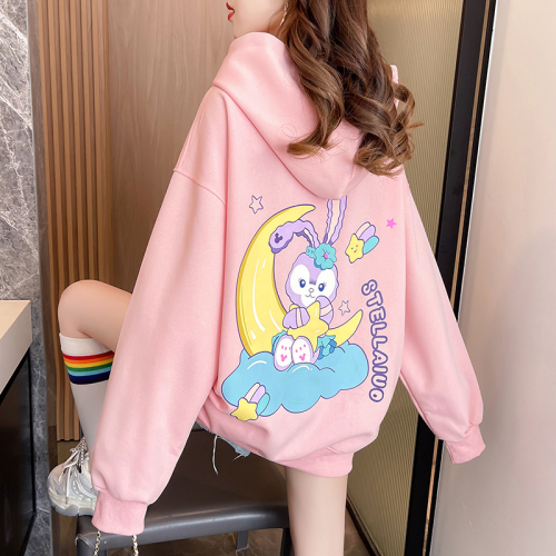 Real shot Pure cotton Huamian Back collar Loose embroidered hooded sweater women's cartoon long-sleeved autumn thin top