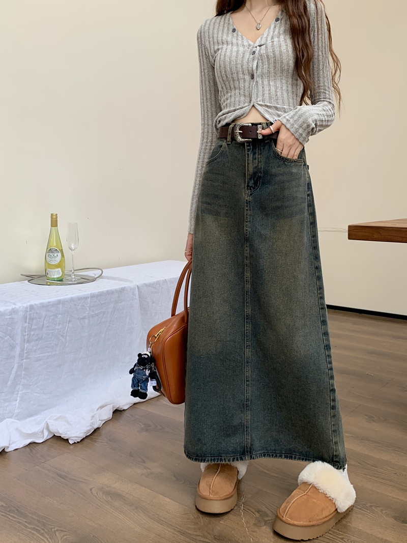 實拍 2023秋冬新款女裝牛仔半身裙水洗懷舊牛仔A字裙長裙
