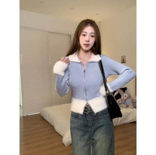 Real price  new Korean style sweet fur collar splicing contrast color design zipper slimming knitted cardigan sweater